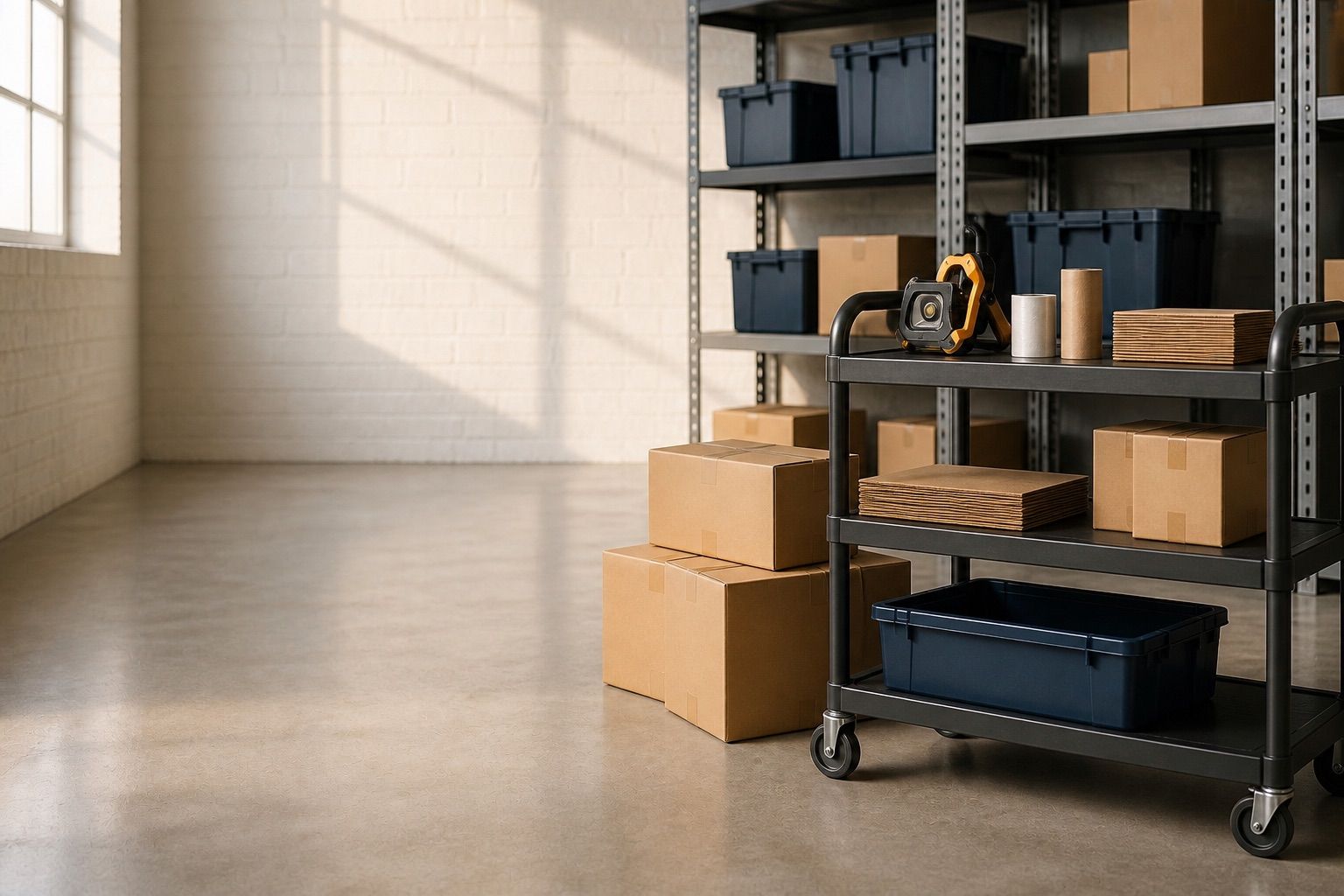 A stocked packing station with cartons, storage bins, shelving, and a utility trolley