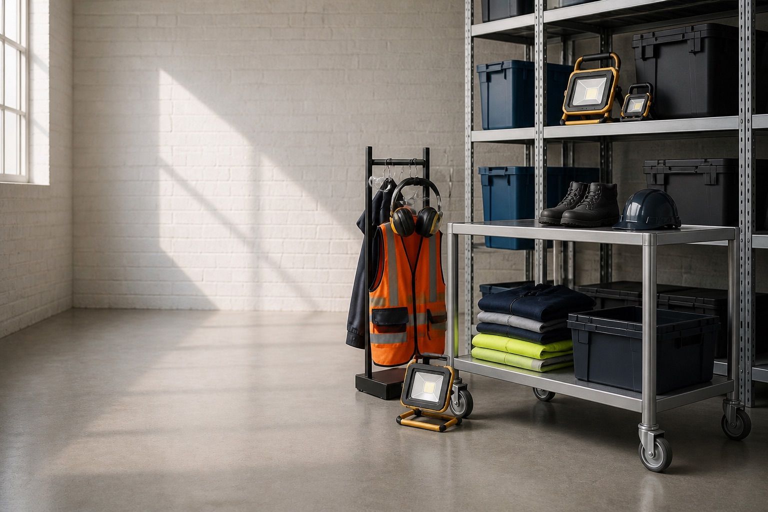 Safety clothing, work lights, boots, and protective equipment arranged in a supply room