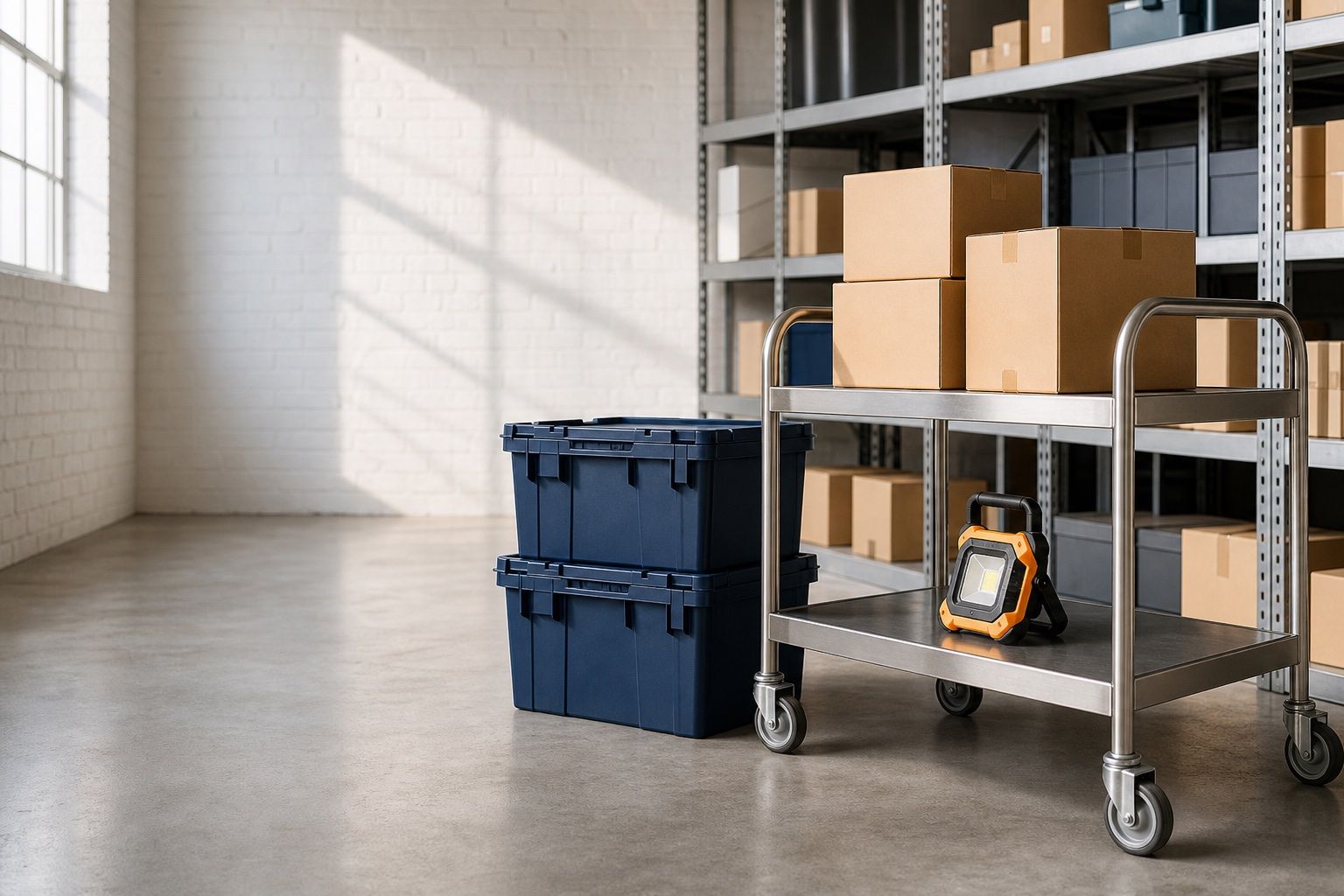An organized workplace supply area with storage, a utility cart, and work lighting